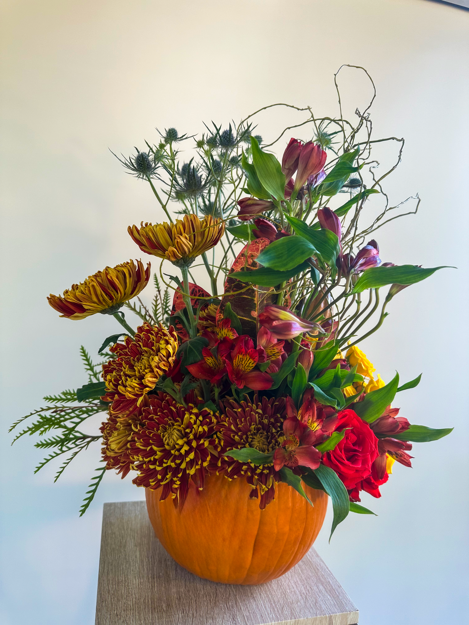 Elegant fall floral display in a pumpkin base, showcasing rich reds, warm yellows, and spiky blue thistle. Designed for seasonal warmth and texture by VIP Floristry, Houston’s luxury florist.