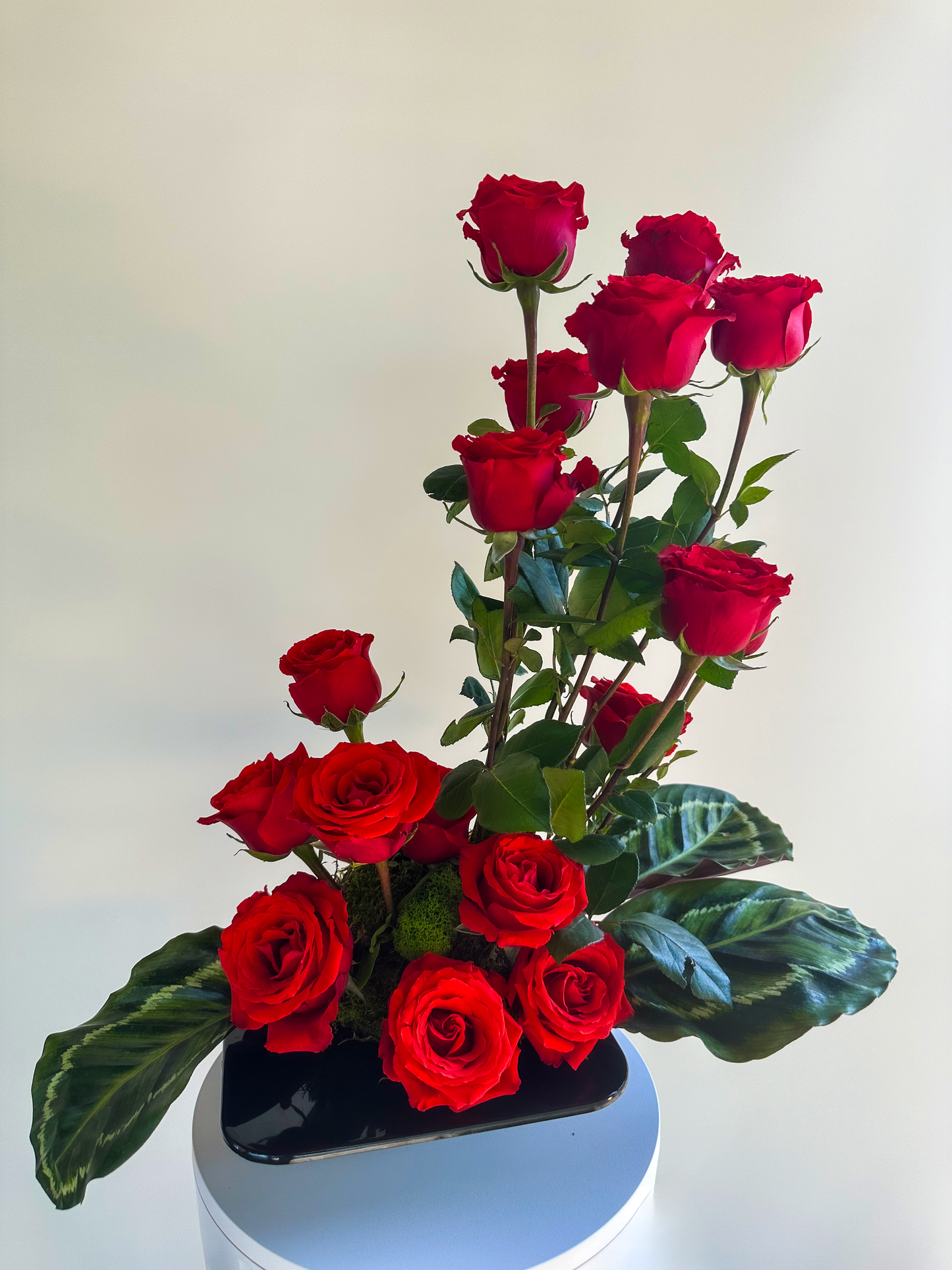 Elegant floral arrangement featuring vibrant red roses, arranged with lush green leaves in a modern black vase. This luxurious display showcases the timeless beauty of red roses, making it perfect for upscale decor in Houston, provided by VIP Floristry.