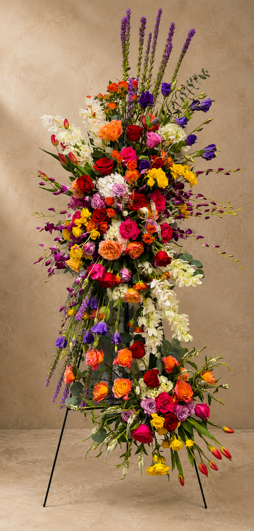 Flowery Rest tall standing sympathy arrangement with multicolored roses, cascading white and purple orchids, hydrangea and tulip buds on a black easel.