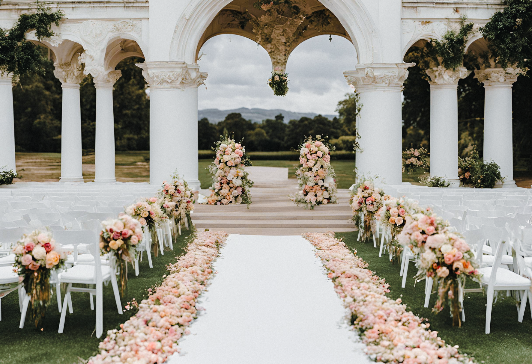 Elegant outdoor wedding ceremony setup featuring floral arrangements of blush pink and white roses along the aisle, designed by VIP Floristry, highlighting luxury wedding floral services in Houston.
