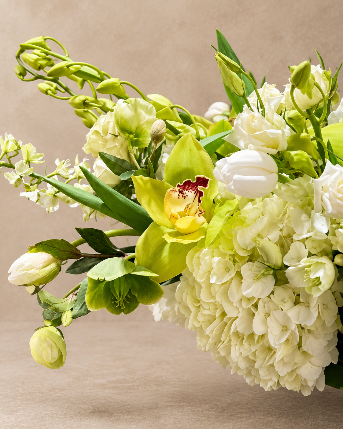 Close view of Chartreuse Green Delight with a chartreuse cymbidium orchid, ivory hydrangea, white roses and green-white blooms.
