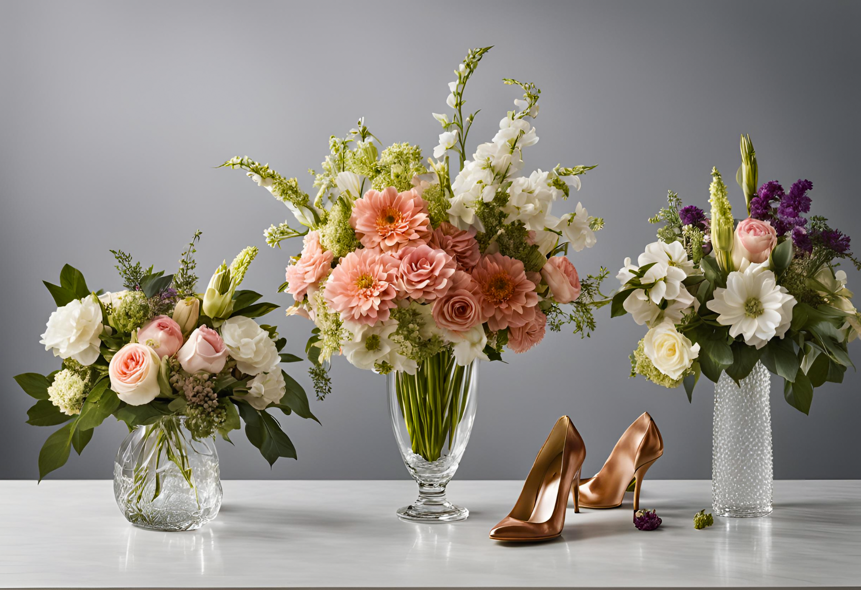 Elegant floral arrangements in pastel hues with roses and dahlias, paired with rose gold heels, crafted by VIP Floristry for luxury event decor in Houston.