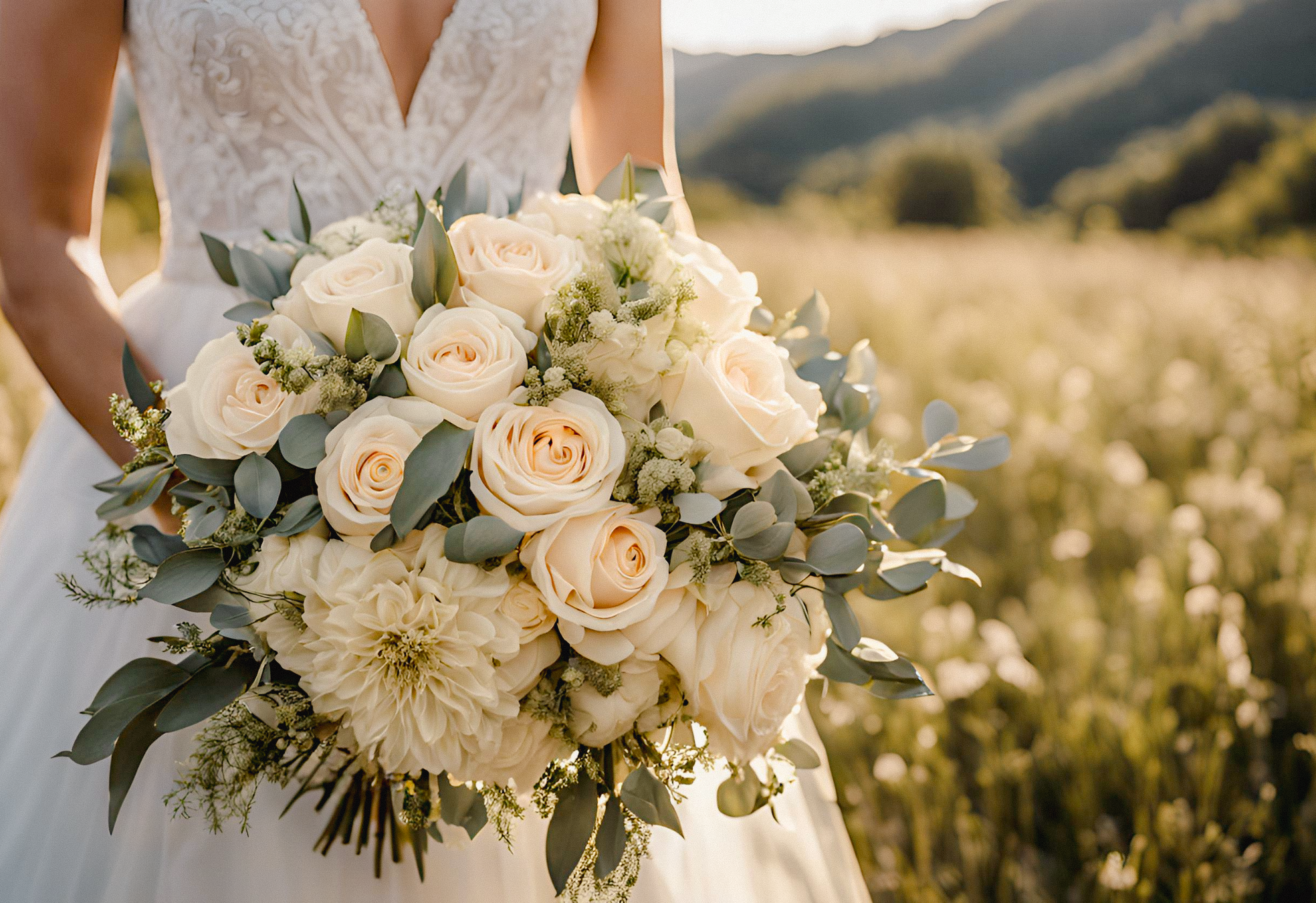 Bride holding an elegant bouquet of cream roses and greenery, showcasing luxury wedding floral design by VIP Floristry in Houston.