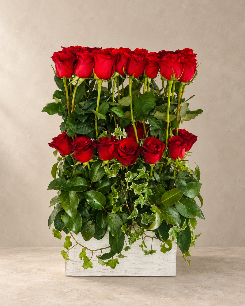 A floral arrangement of red roses with green leaves in a white rectangular planter, photographed against a neutral beige studio background.