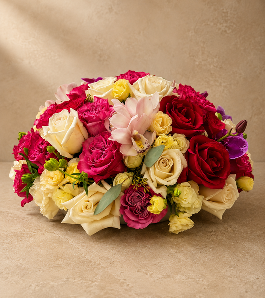 Jubilation Pavé arrangement with vibrant red and cream roses, pink carnations, yellow tulips, and a light pink orchid, set against a neutral beige textured background.
