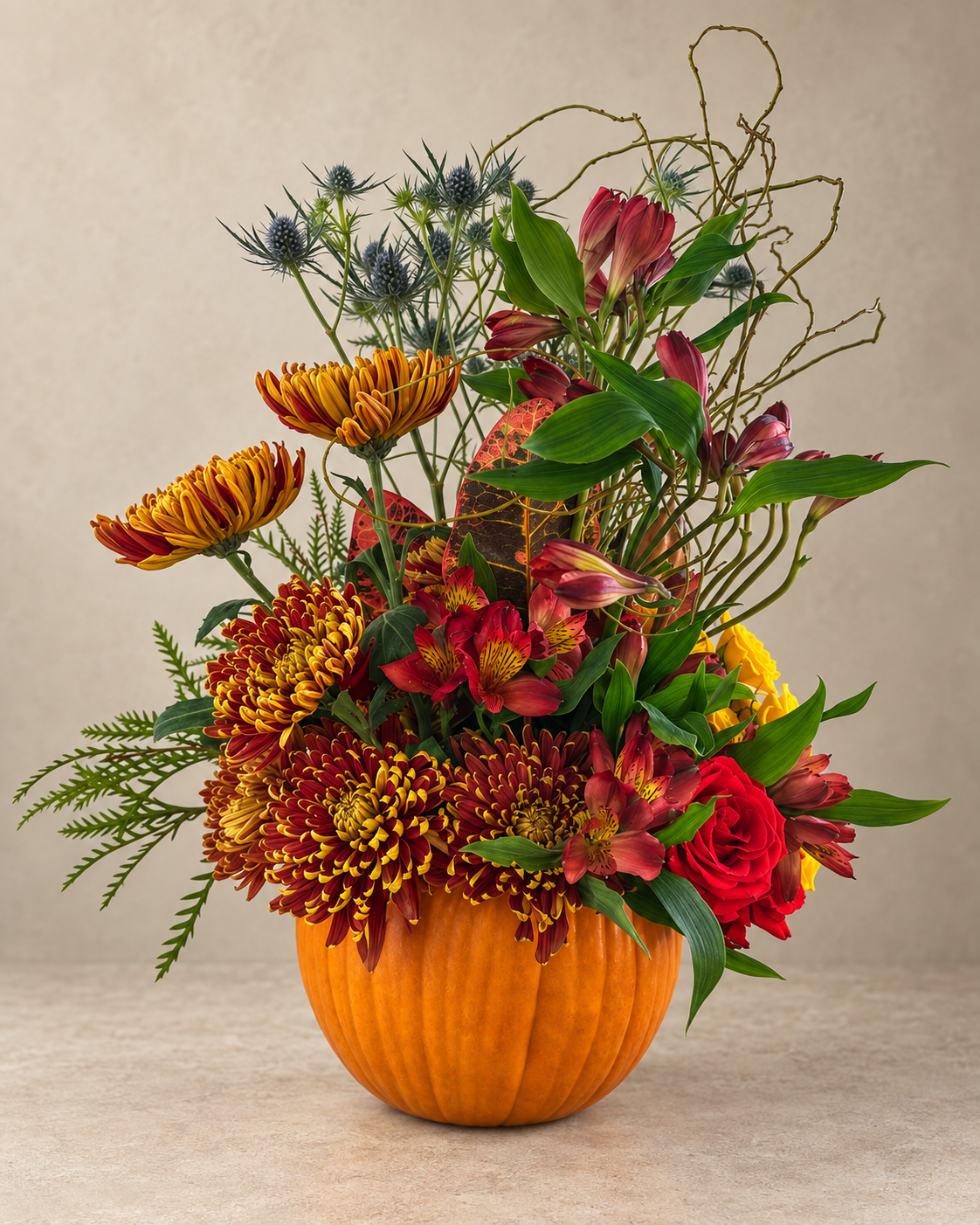 Side view of an autumn arrangement with bronze chrysanthemums, burgundy alstroemeria, red roses, blue thistle and looping branches in an orange pumpkin vessel.