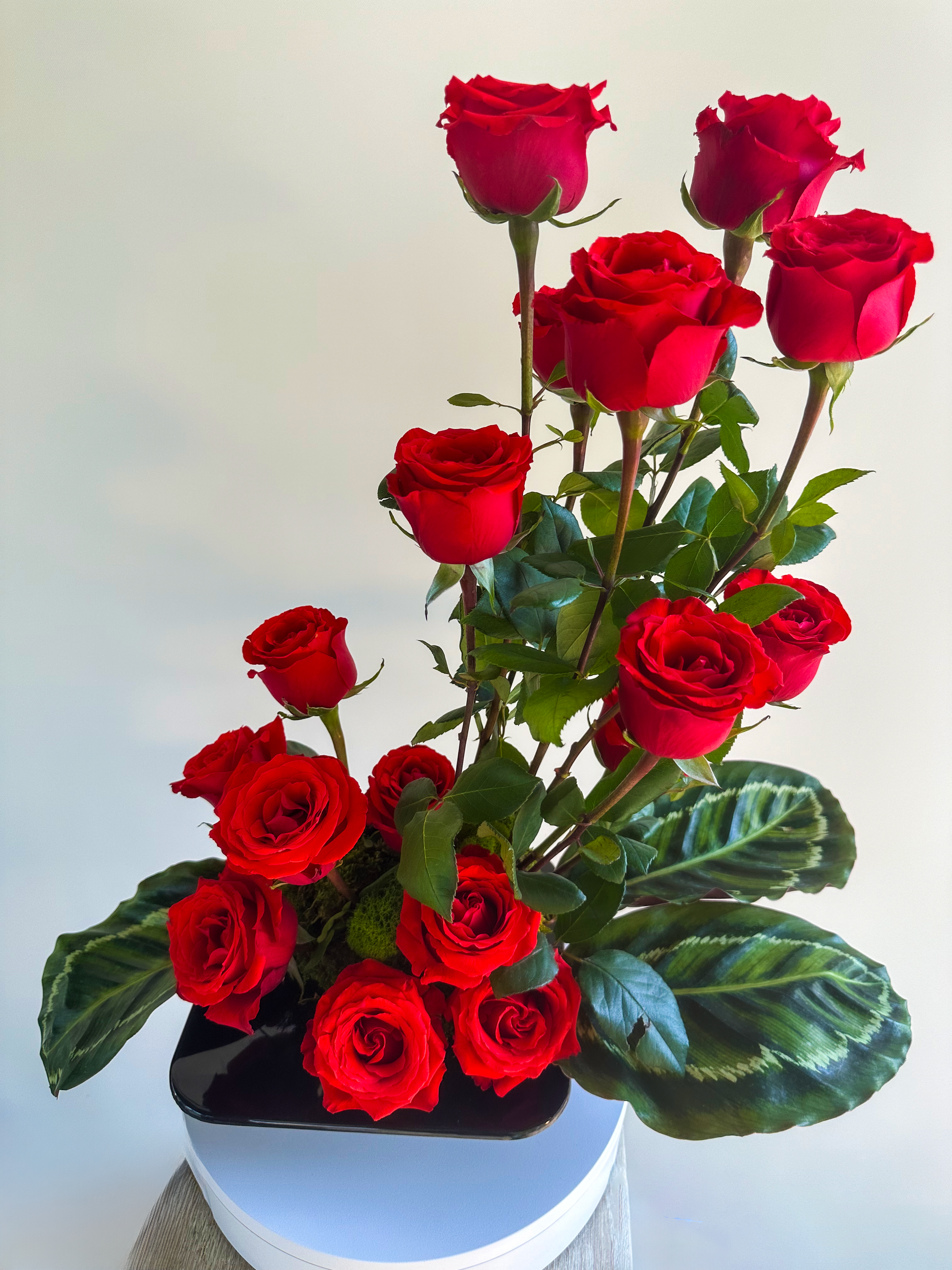 Sophisticated red rose arrangement in a sleek black vase, highlighted by rich green foliage. This striking design is ideal for special events or as an upscale floral gift in Houston, crafted by VIP Floristry.