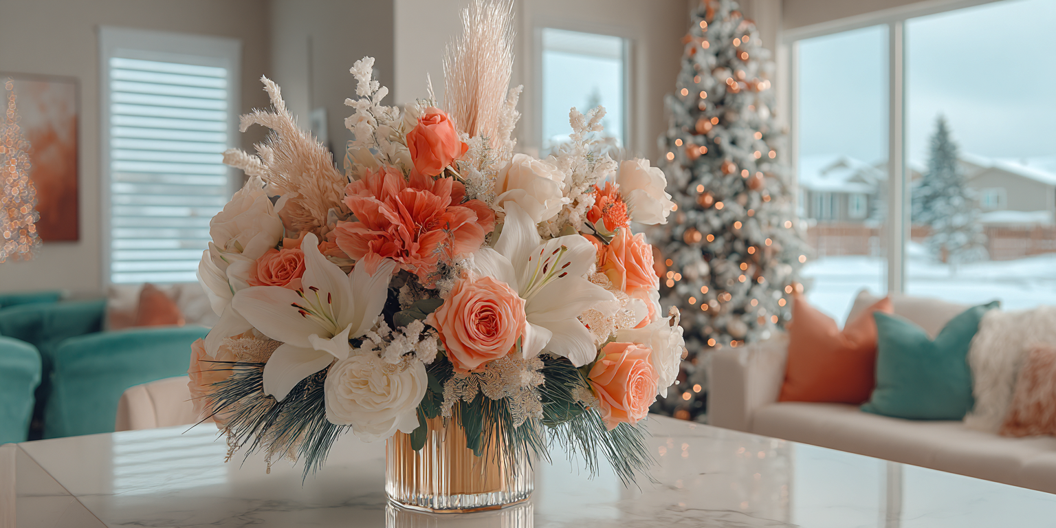 Decorative floral arrangement on a table with a Christmas tree and living room in the background