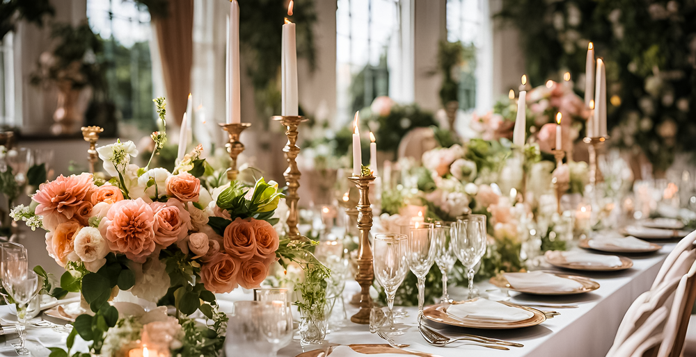 Luxurious event table setting with soft pink and white floral arrangements, candlelit ambiance, and elegant tableware, designed by VIP Floristry for upscale events in Houston.