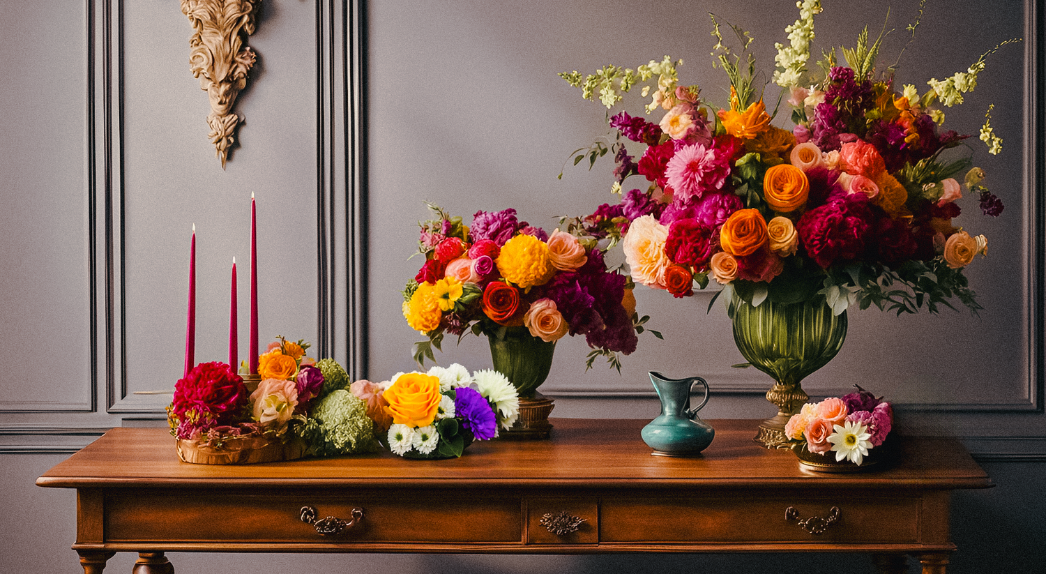 Luxurious floral arrangements in bold, vibrant colors, elegantly displayed on a classic wooden table, showcasing VIP Floristry's premium event and floral design services in Houston.