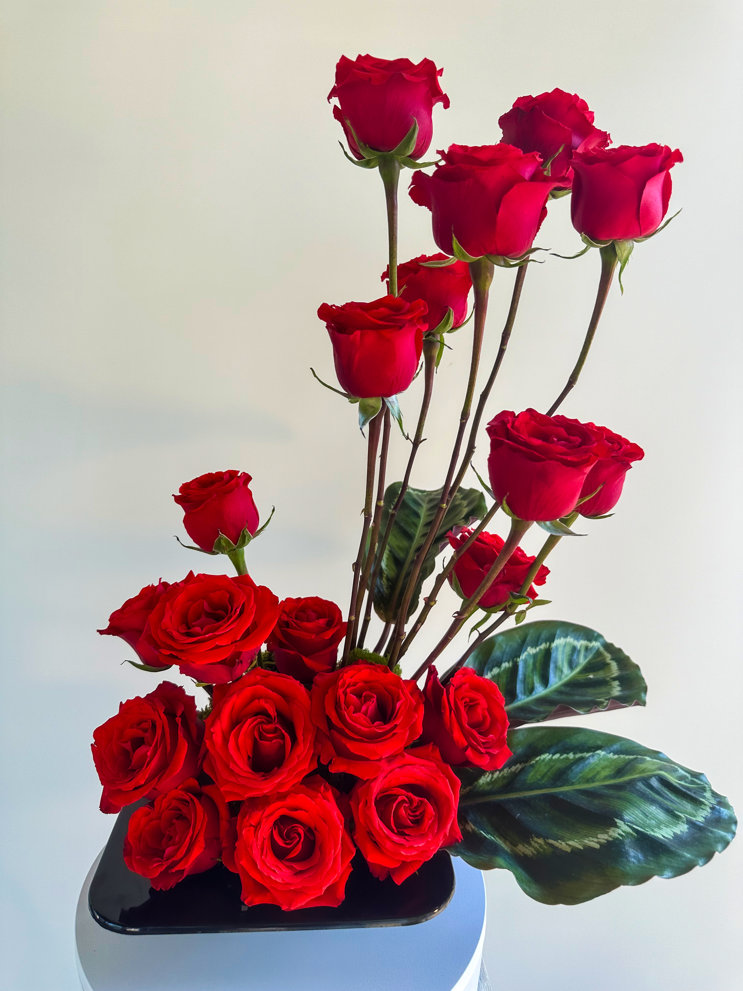 Bold arrangement of lush red roses in a minimalist black vase, combined with large green leaves. Ideal for high-end Houston decor or gifting, this rose display from VIP Floristry captures elegance and sophistication.