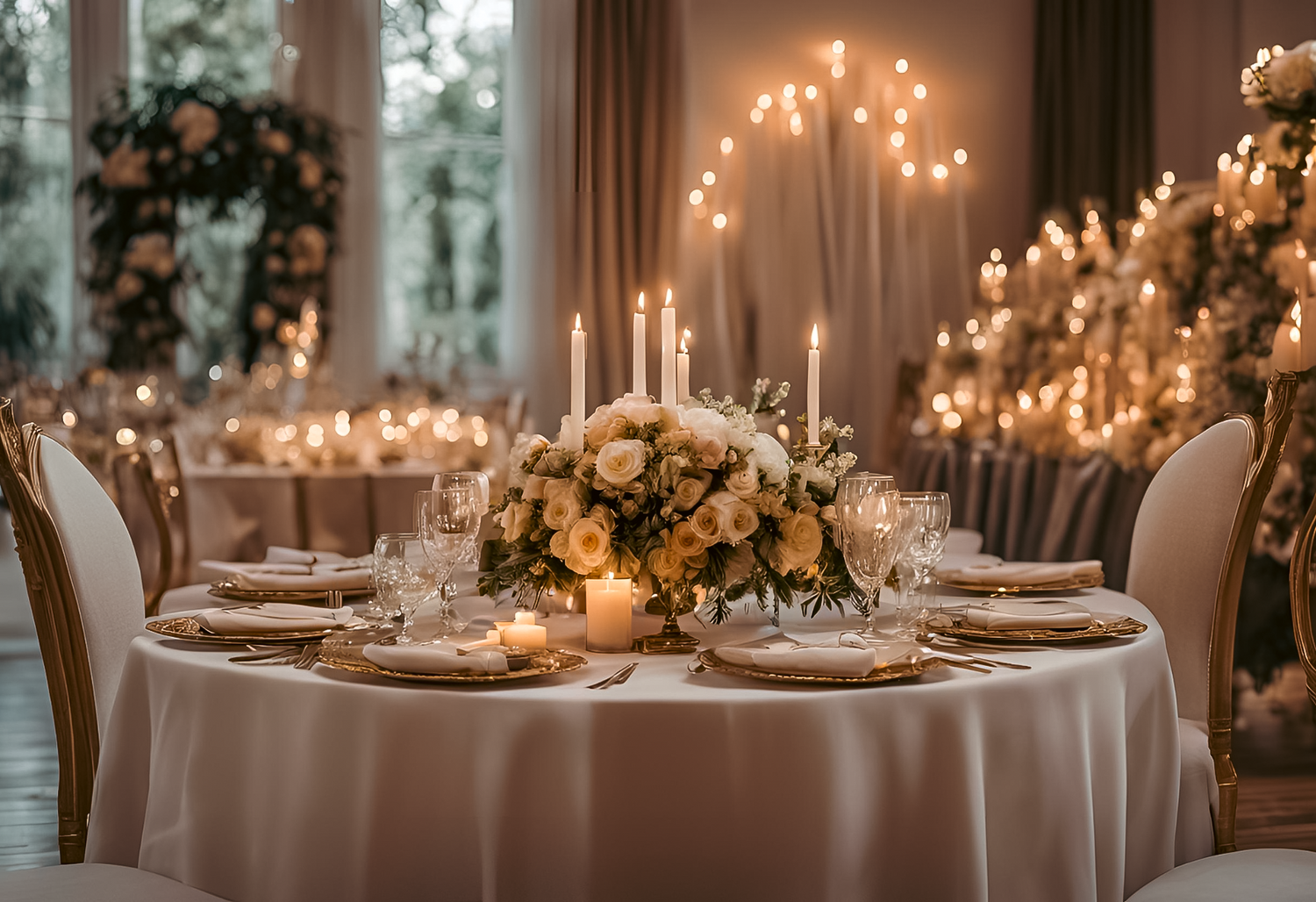 Elegant wedding table setup with candlelight, luxurious floral centerpiece of white roses, and fine tableware, showcasing VIP Floristry's high-end wedding design services in Houston.