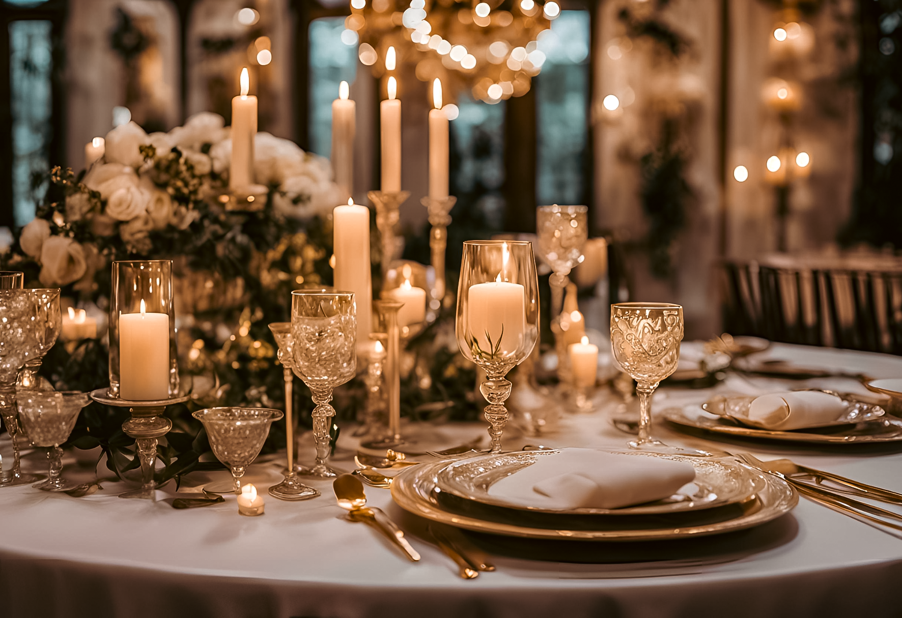 Luxurious wedding table setting with elegant candles, crystal glassware, and floral centerpieces by VIP Floristry, highlighting premium event design services in Houston.