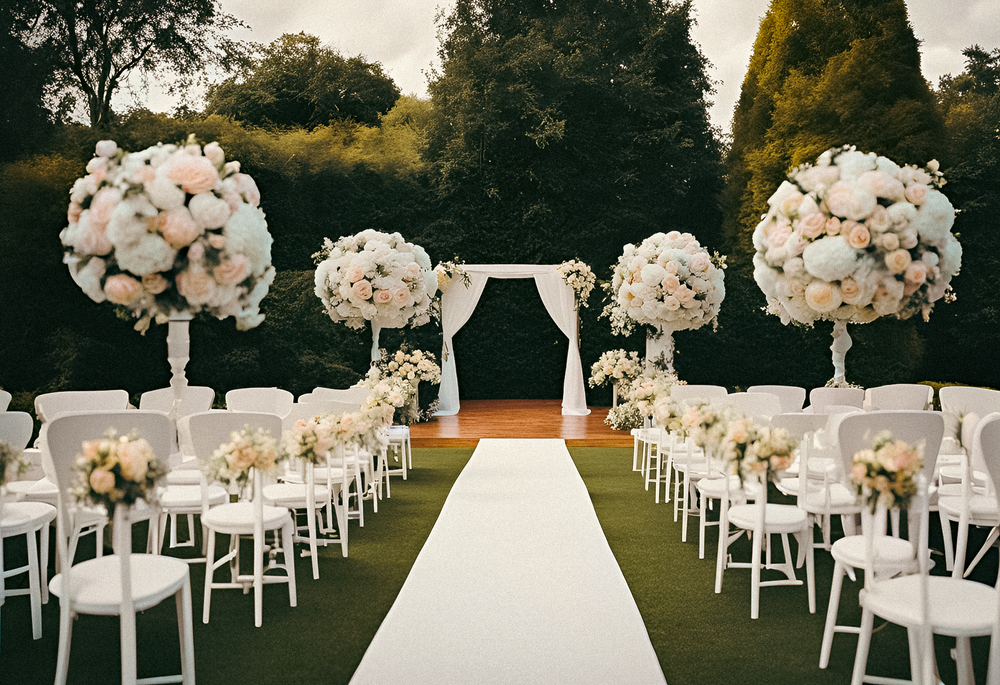 Elegant outdoor wedding ceremony featuring grand floral arrangements of white and blush roses, aisle decor, and a beautifully draped arch, showcasing VIP Floristry's luxury wedding services in Houston.