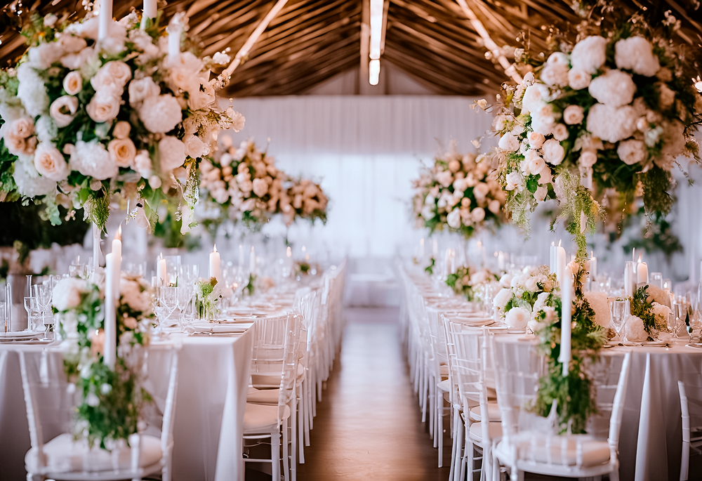 Luxurious wedding reception with towering white floral centerpieces, elegant candles, and fine table settings, expertly crafted by VIP Floristry for premium event design services in Houston.