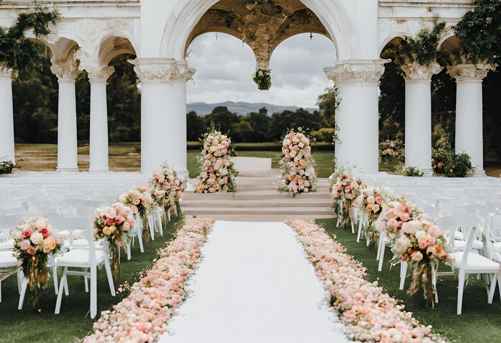 Elegant outdoor wedding ceremony setup featuring floral arrangements of blush pink and white roses along the aisle, designed by VIP Floristry, highlighting luxury wedding floral services in Houston.
